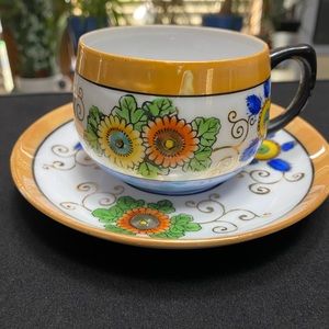 Vintage Chikaramachi Japan Tea Cup & Saucer Peach Lusterware w Flowers